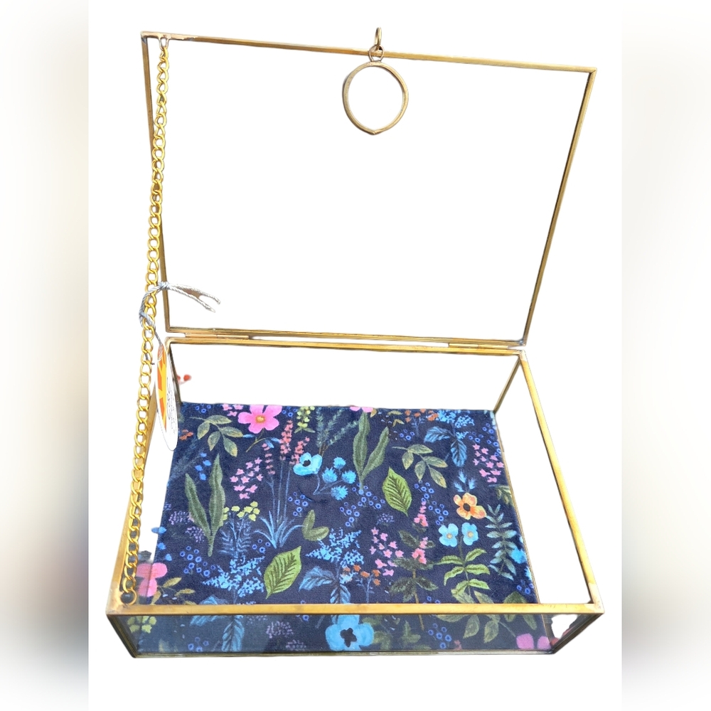 C&C California - NEW Floral Glass Jewelry Box Trinket Box w/Patina Gold Frame